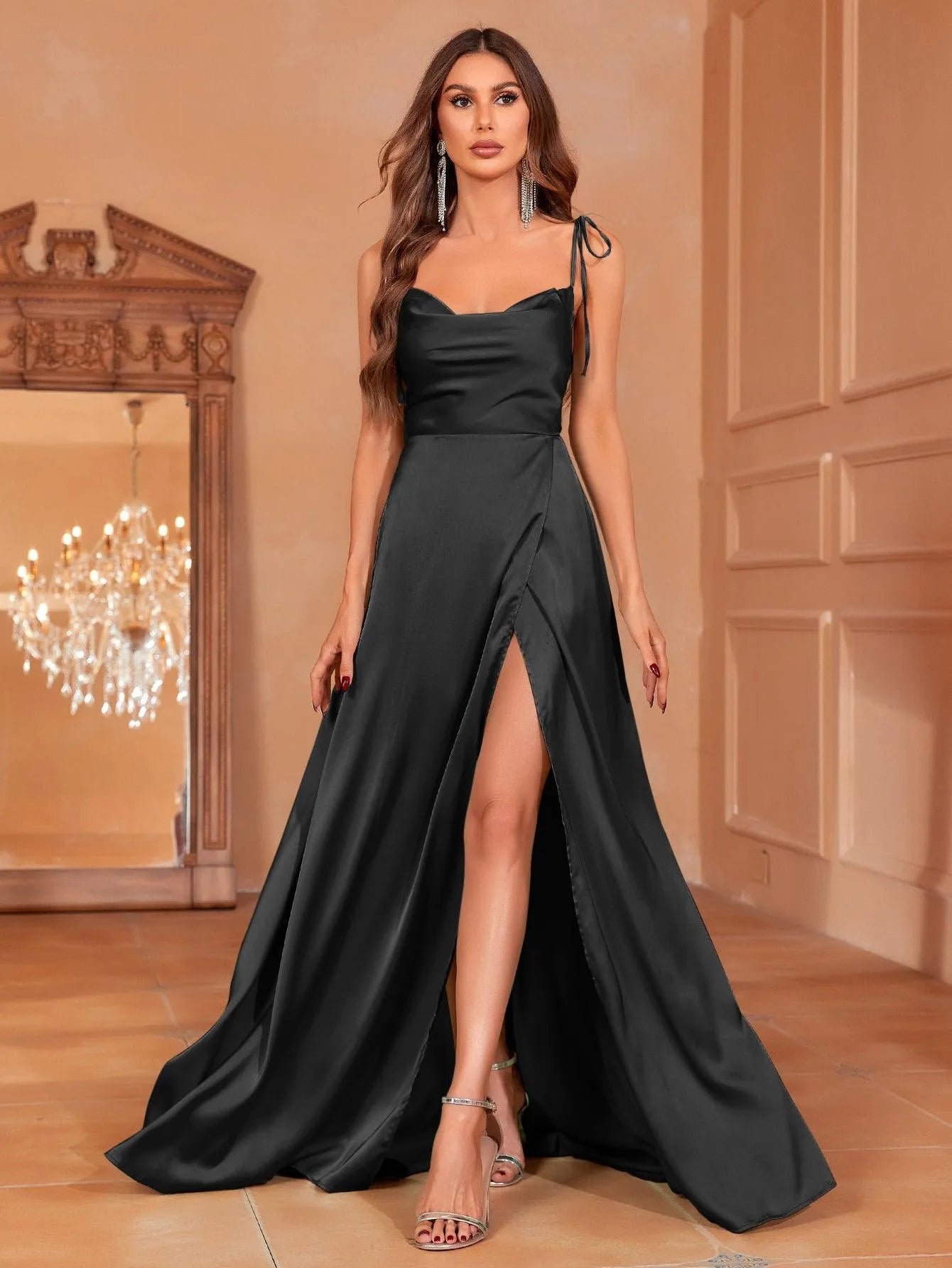 Elegant Tie Shoulder Satin Bridesmaid Dress - Elonnashop