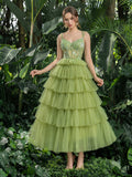 Midi Elegant Tulle Party Dress with Floral Embroidery & Tiered Ruffles – Playful Elegance for Garden Parties, Summer Galas & Cocktail Events
