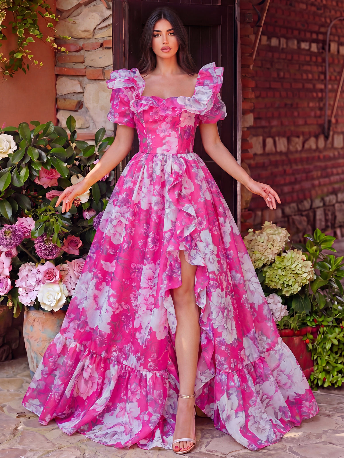 Elegant Ruffle Trim Off Shoulder Floral Organza Prom Dress