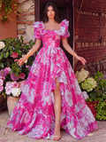 Elegant Ruffle Trim Off Shoulder Floral Organza Prom Dress