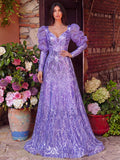 Luxury Plunging Neck Gigot Sleeves Graphic Sequin Prom Dress