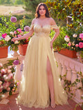 Plus Gorgeous Off Shoulder Beaded Sequin Bodice Split Thigh Tulle Formal Dress