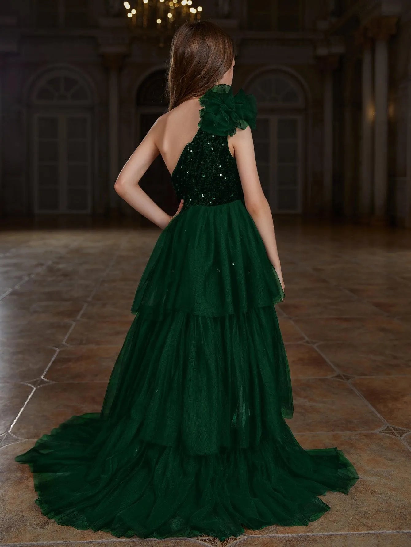 Tween Girls' One Shoulder Mesh Layered Hem Sequin Dress - Elonnashop