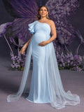 Plus Maternity  Evening Gown with Asymmetrical Ruffle Neckline & Tulle Train – Elegant Pregnancy Evening Dress for Photoshoots & Galas