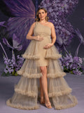 Plus Maternity  One Shoulder Sleeveless Tulle Layered Hem Party Dress