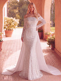 Gorgeous Off Shoulder Sheer Sleeves Mermaid Hem Sequin Wedding Dress with Satin Train