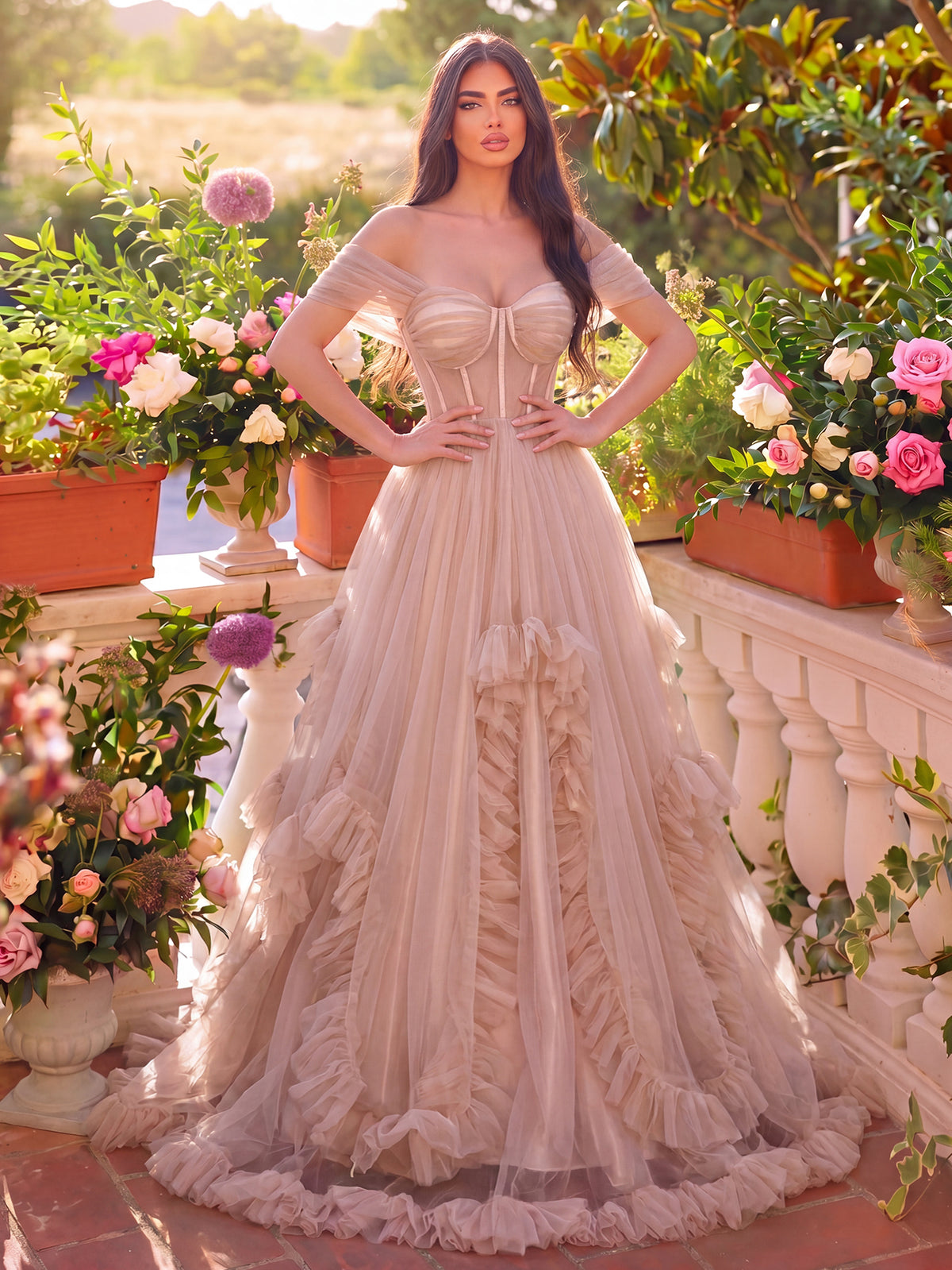 Gorgeous Off Shoulder Sheer Corset Bodice Ruffle Trim Tulle Prom Dress