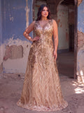 Plus Floral Sequin V Neck Sleeveless A-Line Formal Dress
