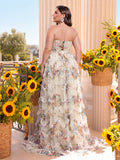 Plus Ruched Bustier Ruffle Trim Hem Floral Printed Tube Dress