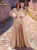 Sequin Evening Gown with Sheer Long Sleeves, Deep V-Neck & Back V-Cut | Elegant High Slit Formal Dress for Special Occasions