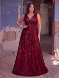 Plus Floral Sequin V Neck Sleeveless A-Line Formal Dress