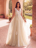 Gorgeous Applique Detail Plunging Neck Lace Overlay Tulle Wedding Dress