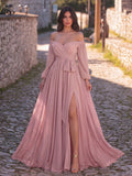 Off Shoulder Split Thigh Belted Chiffon A Line Dress