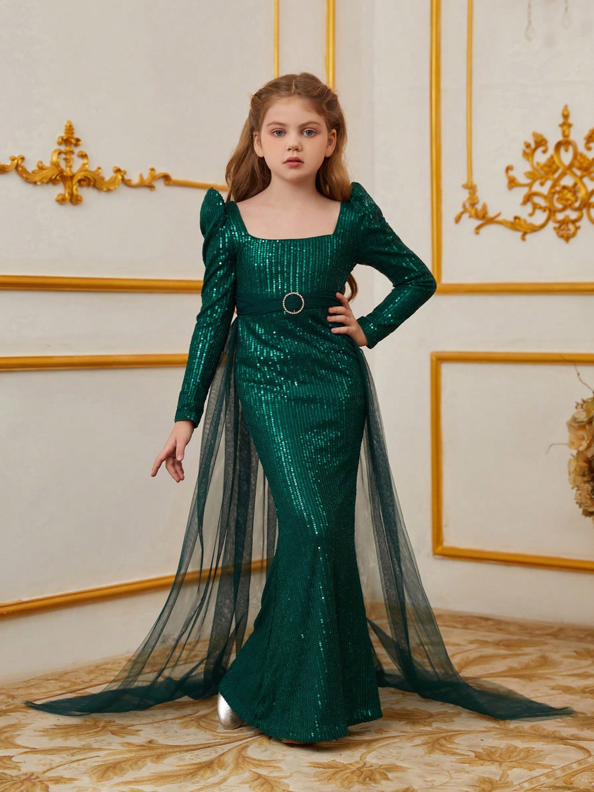 Tween Girls' Square Neck Mesh Overlay Sequin Party Dress
