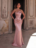 Strapless Satin Mermaid Gown with Asymmetric Draping & Ruched Waist Detail | Elegant Maxi Dress for Evening Party & Formal Occasions
