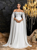 Elegant Off-Shoulder Chiffon Evening Gown | Sequin Bodice with Draped Sleeves and Flowing Skirt