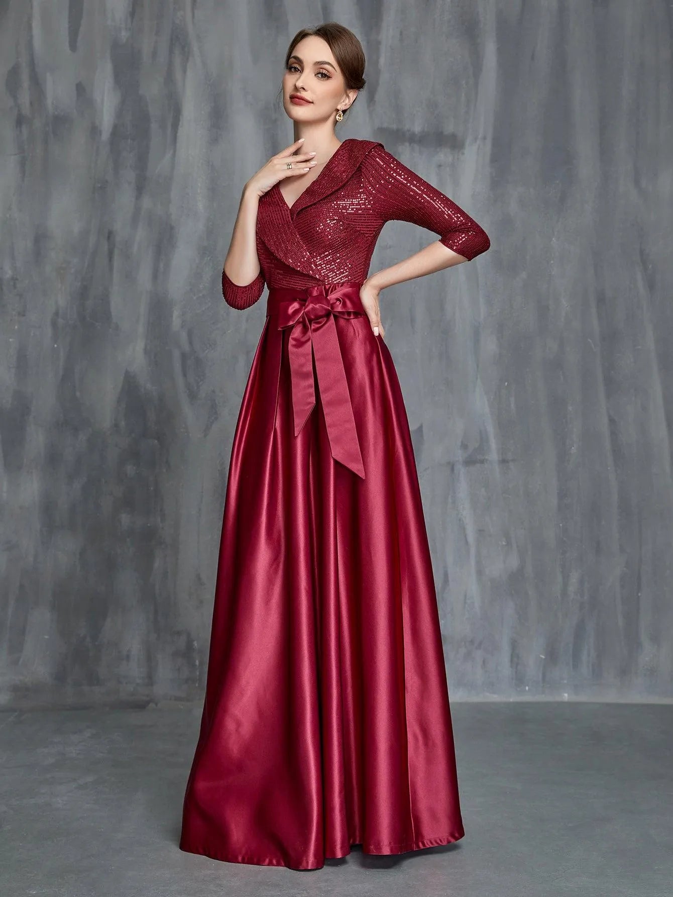 Womens' Shawl Collar Sequin Contrast Satin Formal Dress - Elonnashop