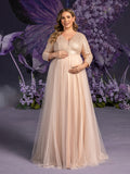 Plus Maternity  Plunging Neck 3/4 Sleeves Sequin Formal Party Dress