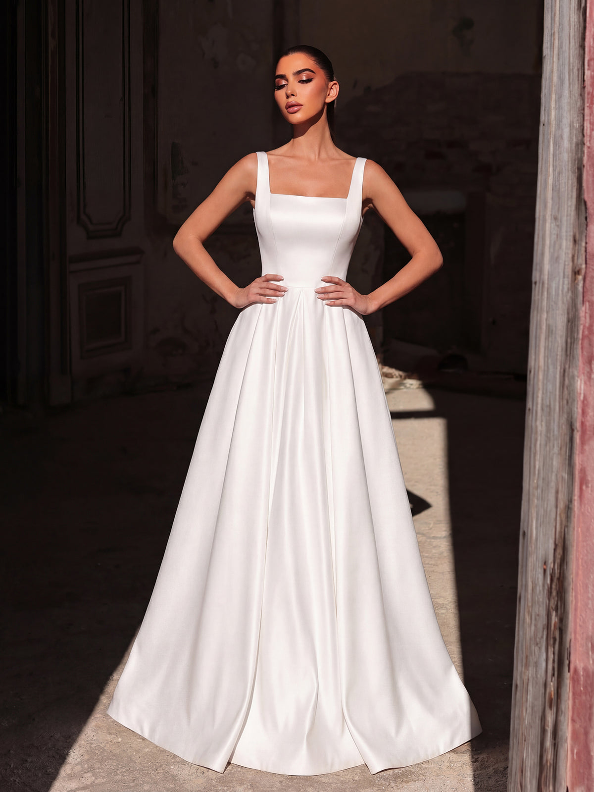 Elegant Square Neck Back Lace Up Satin A Line Dress