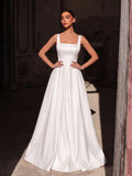Elegant Square Neck Back Lace Up Satin A Line Dress