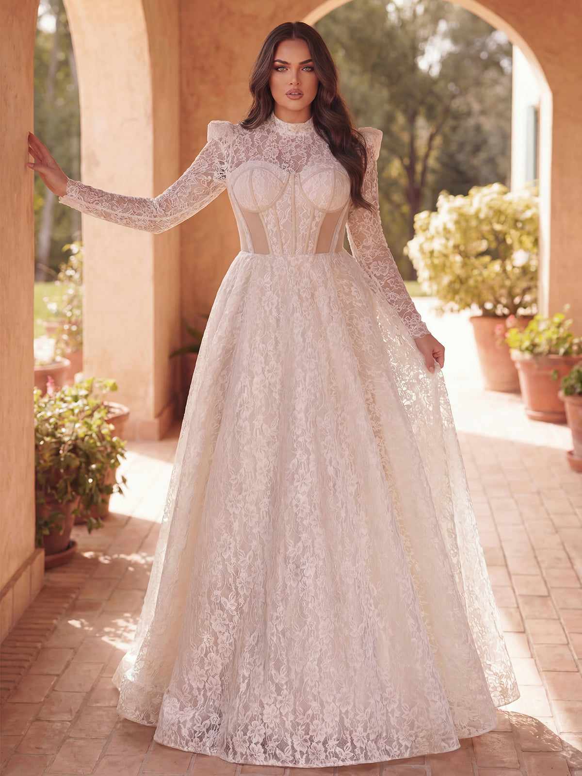 Plus Gorgeous Mock Neck Long Sleeves Ball Hem Lace Wedding Dress
