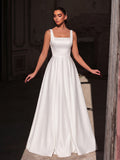 Elegant Square Neck Back Lace Up Satin A Line Dress