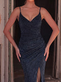 Glitter Spaghetti Strap Sleeveless Slit Party Dress