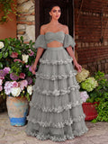 Off Shoulder Puff Sleeve Crop Top & Frill Trim Mesh Skirt