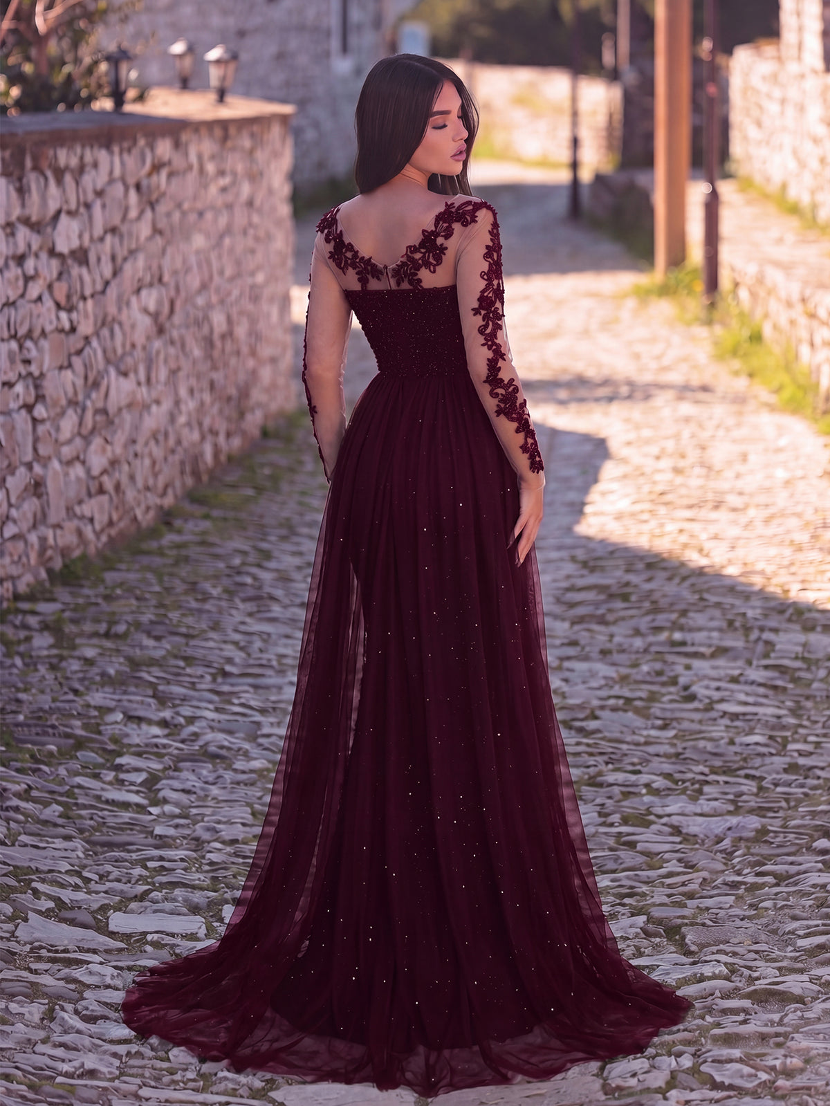 Elegant Sheer Sleeves Mesh Train Sequin Evening Dress