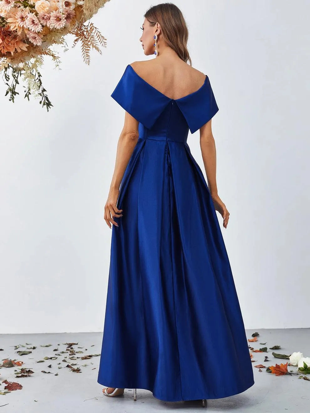 Off Shoulder Fold Pleated Detail Satin A Line Dress - Elonnashop