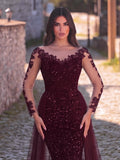 Elegant Sheer Sleeves Mesh Train Sequin Evening Dress