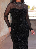 Plus Pearl Decor Mock Neck Sequin Mermaid Dress