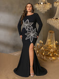 Plus Sequin Floral Embellished Gown | High Neck Long Sleeve Maxi Dress with V-Back & High Side Slit | Formal Evening Dress for Parties, Galas, Proms