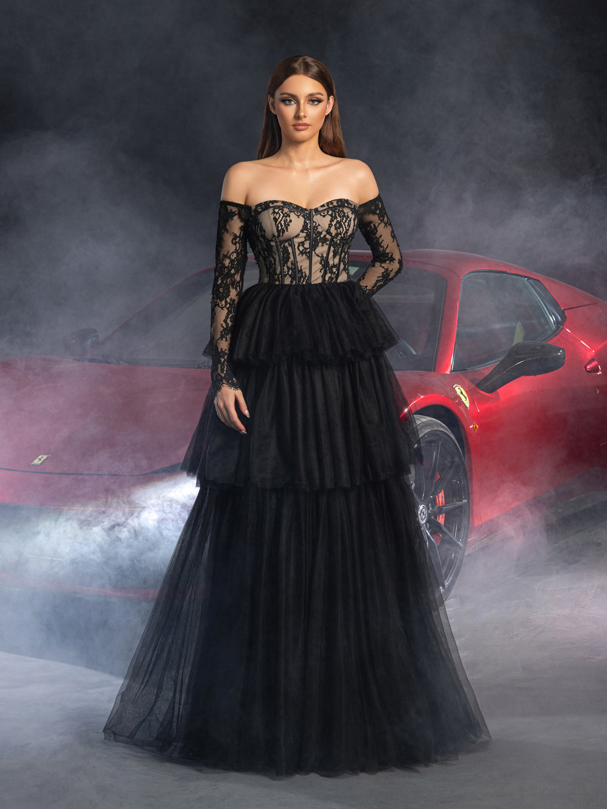 Gorgeous Off Shoulder Lace Bodice Layered Tulle Hem Wedding Dress