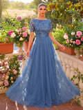 Elegant Sequin Bodice Contrast Mesh Hem Evening Dress