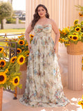 Plus Ruched Bustier Ruffle Trim Hem Floral Printed Tube Dress