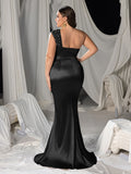 Plus One Shoulder Mermaid Hem Satin Evening Dress with Pearl Accents