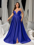 Plus Size Pearl Decoration Sheer Sleeves Satin Evening Gown - Formal Dress with Sash Waist