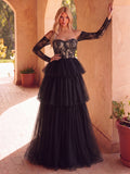 Gorgeous Off Shoulder Lace Bodice Layered Tulle Hem Wedding Dress