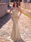 Elegant One Shoulder Mermaid Hem Satin Evening Dress with Pearl Accents