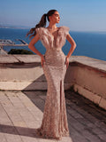 Mesh Insert Ruffle Trim Split Sequin Mermaid Dress