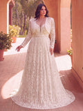 Plus Elegant Plunging Neck Lace Wedding Dress Two Pieces Set