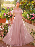 Elegant Off Shoulder Ruched Bust Split Thigh Tulle Evening Dress