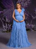 Plus Maternity Plunging Neck Stereo Flower Mesh Overlay Party Dress