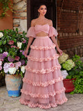 Off Shoulder Puff Sleeve Crop Top & Frill Trim Mesh Skirt