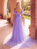 Off Shoulder Ruffle Trim Mesh Wedding Dress