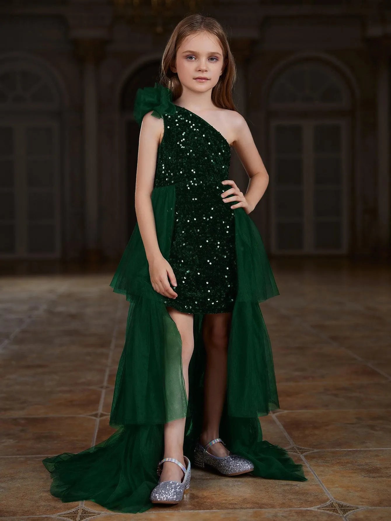 Tween Girls' One Shoulder Mesh Layered Hem Sequin Dress - Elonnashop