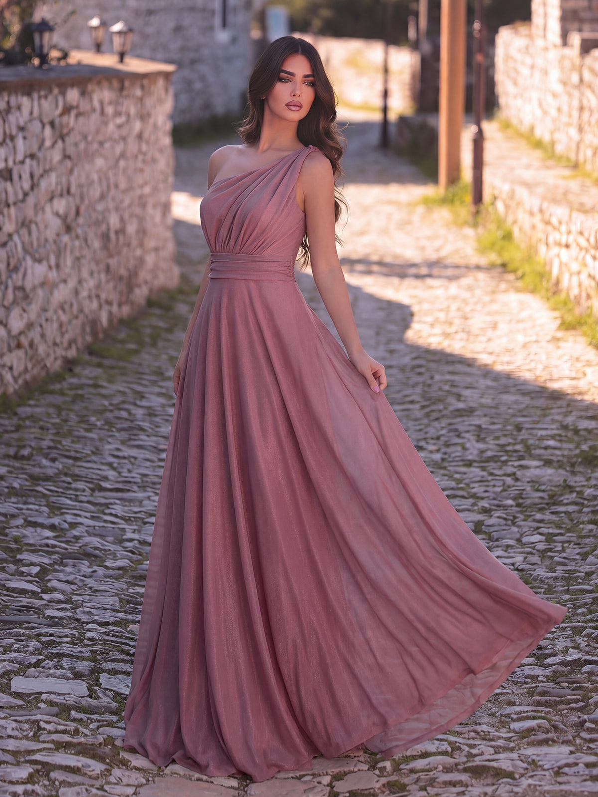 Elegant One-Shoulder Evening Gown | Flowy A-Line Skirt, Open Back | Formal Maxi Dress for Galas, Weddings, Prom