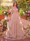 Gorgeous Off Shoulder Sheer Corset Bodice Ruffle Trim Tulle Prom Dress