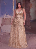Plus Floral Sequin V Neck Sleeveless A-Line Formal Dress